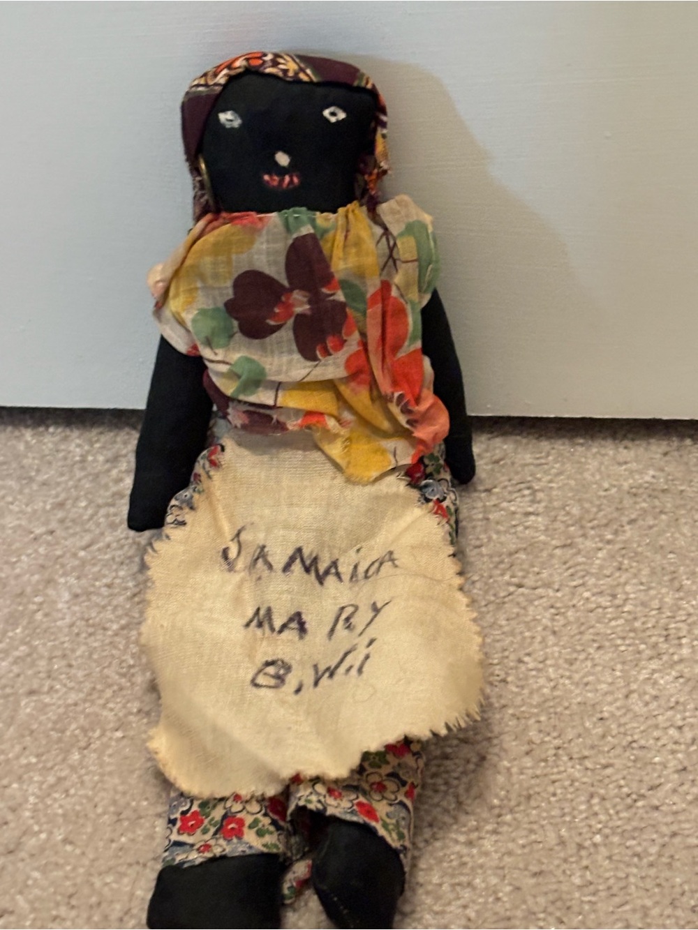 Vintage Handmade Jamaican Cloth Doll Floral Dress Stitched Face